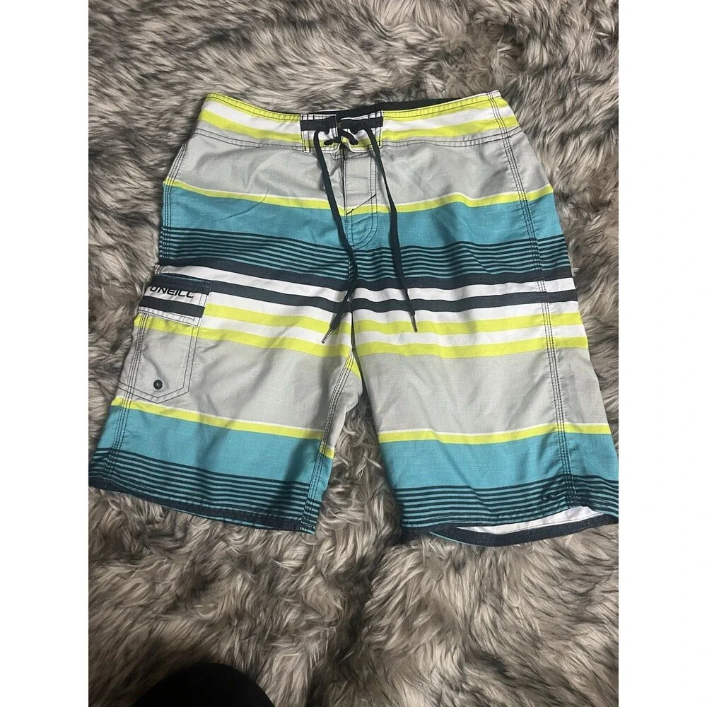O'Neill Board Shorts Men's 31 Surfer Side Shorts Blue Green Stripe